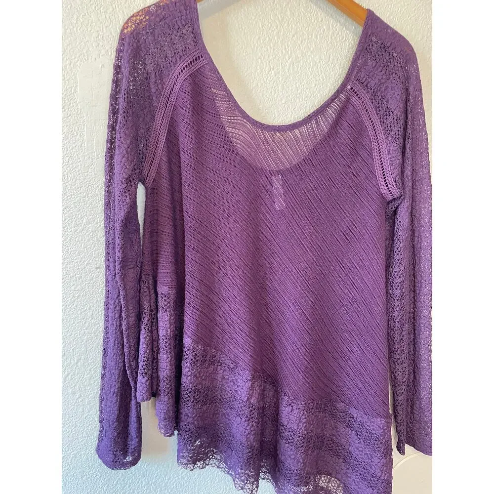 Free People Boho Purple Mesh Lace Asymmetrical Hem Long Sleeve Blouse Small